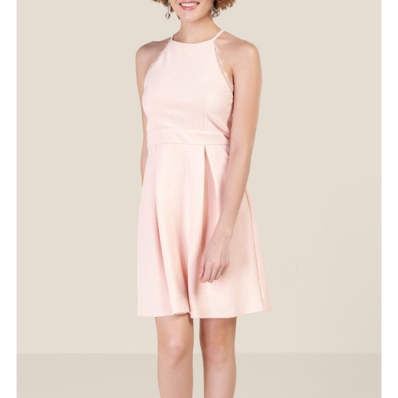 Short Blush Light Pink High Neck Lace Dress - Picture 4 of 6